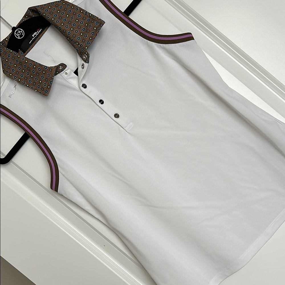 RLX Ralph Lauren, White Sleeveless Shirt with Patterned Collar, Size S